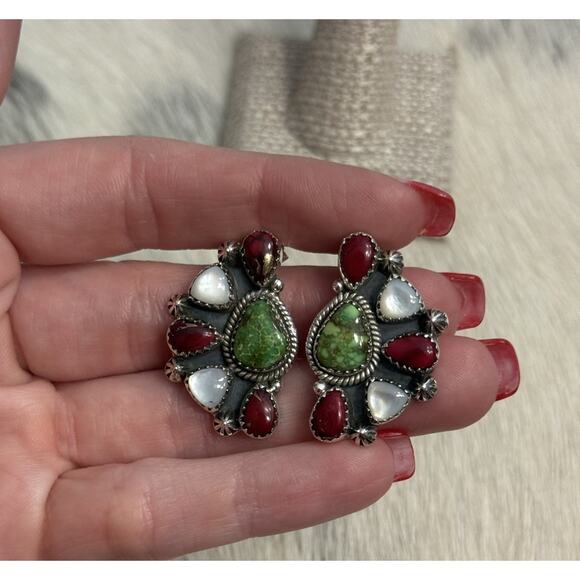 Southwest Jewelry - Sterling Silver Sonoran Gold Turquoise Red Dahlia Mother Pearl Cluster Earrings
